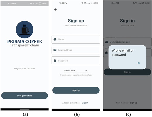 A figure shows three mobile screen interfaces for a coffee application.