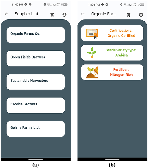 A figure of two side-by-side mobile application screens, showing a supplier list and farming details.
