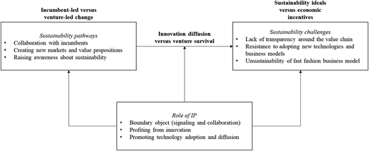 A conceptual framework linking sustainability pathways, challenges, and the role of IP in innovation diffusion.