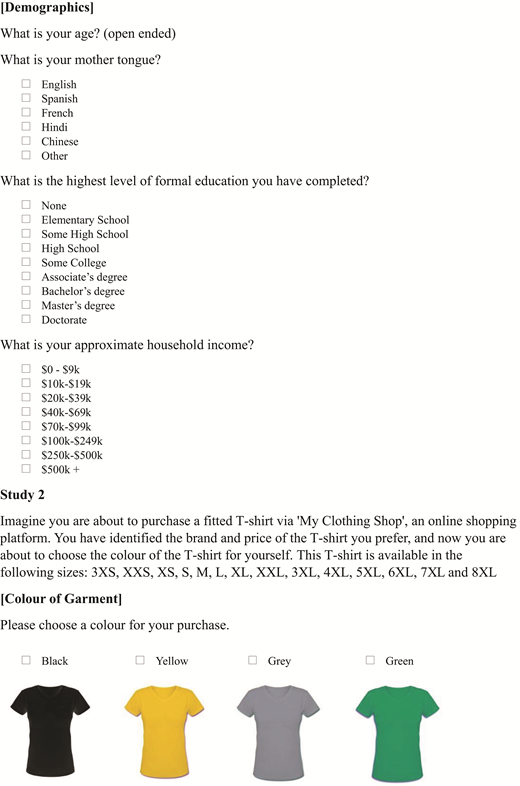 A questionnaire displays demographics including age, mother tongue, education, and income, followed by Study 2 instructions where participants select a coloured T-shirt and answer gratitude and perceived weight stigma items.