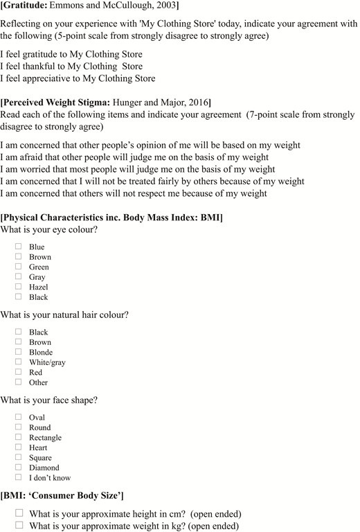 A survey page presents gratitude items with three statements and perceived weight stigma items with five statements, asking participants to rate agreement on scales.