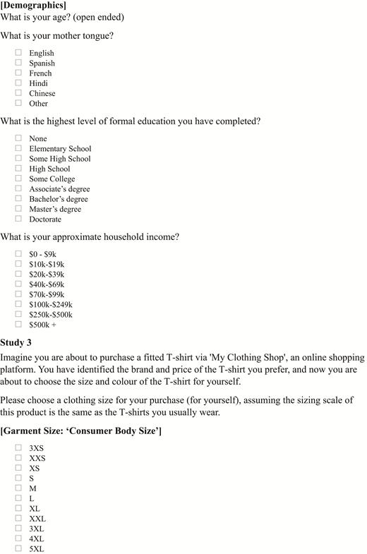 A demographic and garment size questionnaire used for a study on consumer behaviour when purchasing fitted T-shirts online.