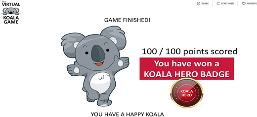 A cheerful cartoon koala celebrates scoring 100 out of 100 and winning a Koala Hero badge after finishing a game.