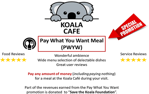 A promotional image for Koala Café advertises a Pay What You Want meal with highlights on ambience, dish variety, user ratings, and a special offer.