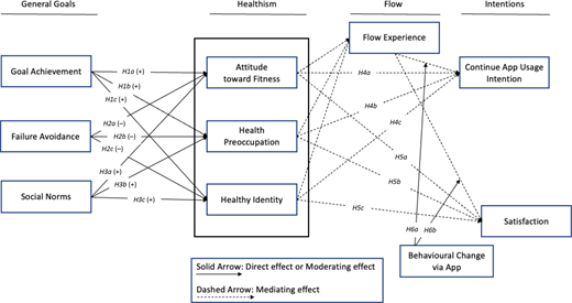 A model of relationships between general goals, healthism, flow, and intentions with direct and mediating effects shown through solid and dashed arrows.