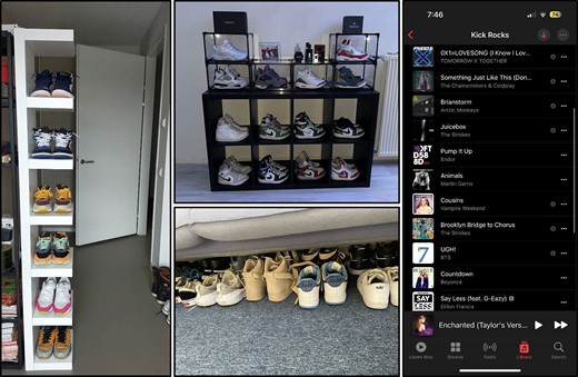 Images display organized sneaker rotations and a digital music playlist as examples of collecting and preserving both physical and digital items.