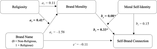 A structural diagram showing connections among religiosity, brand name, brand morality, moral self-identity and self-brand connection.