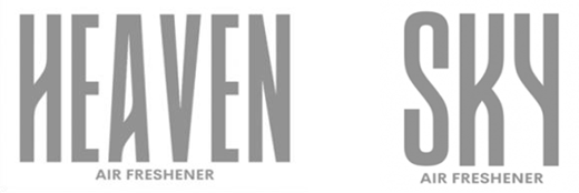 Two product logos are shown. On the left, the word HEAVEN appears in tall, bold, stylized uppercase letters with AIR FRESHENER written below in smaller text. On the right, the word SKY is presented in the same tall, stylized typeface with AIR FRESHENER written beneath it.
