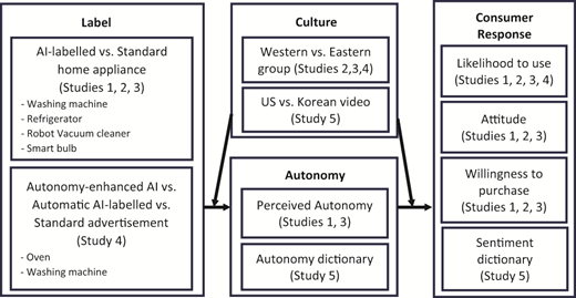 Conceptual framework showing the relationships among AI labelling, autonomy, culture and consumer responses across Studies 1–5.