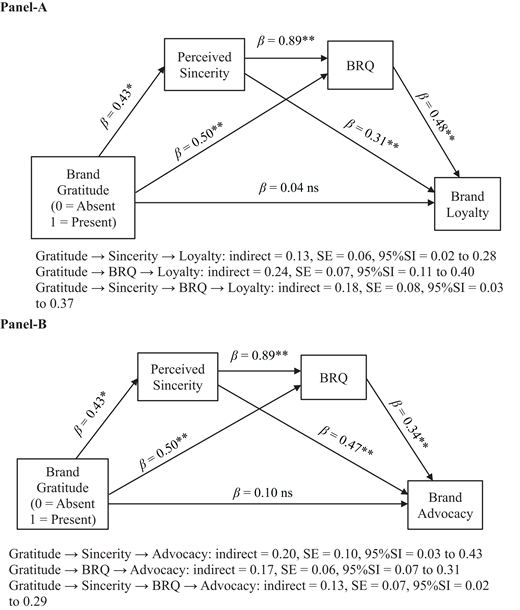 A two-panel mediation model links Brand Gratitude, Perceived Sincerity, and B R Q to Brand Loyalty and Brand Advocacy.