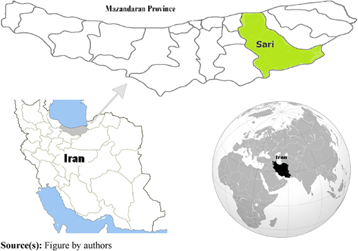 A map shows the location of Sari within Mazandaran Province in northern Iran.