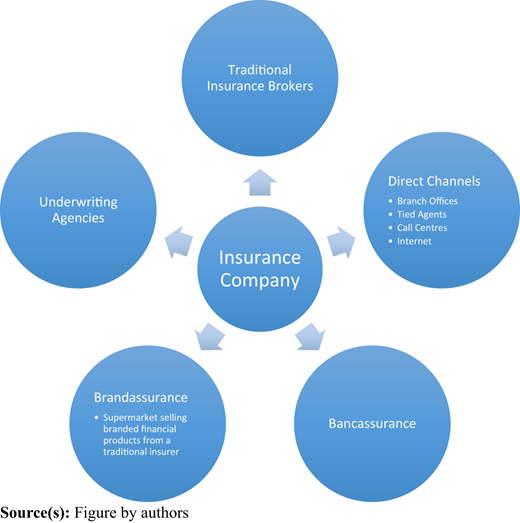 A diagram shows an Insurance Company connected to brokers, agencies, direct channels, bancassurance, and brandassurance.