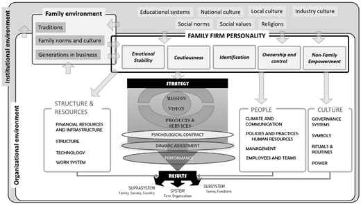 A framework shows institutional, family, and organizational factors shaping strategy, people, culture, and results.