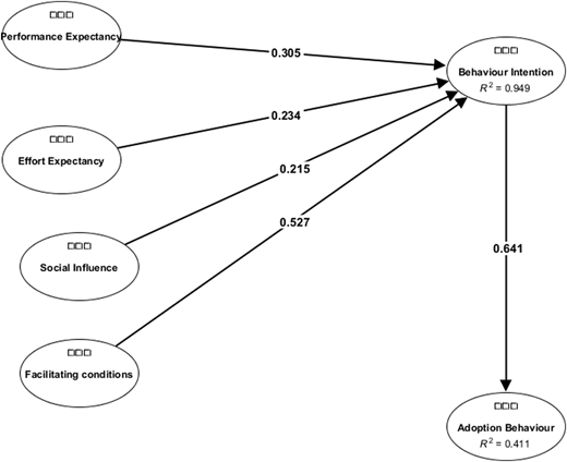 A conceptual model shows the direct effects of four predictor variables on “Behaviour Intention” and on “Adoption Behaviour”.