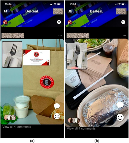 A two-panel figure shows BeReal posts by user featuring Chipotle takeaway packaging and a burrito meal.