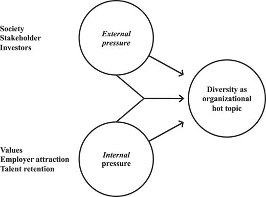 A flowchart showing how external and internal pressures contribute to diversity being a hot topic.