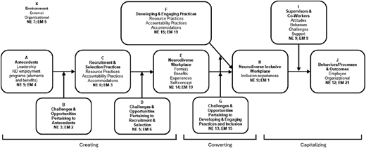 A framework diagram illustrates relationships among elements across three stages of the neurodiversity management model.