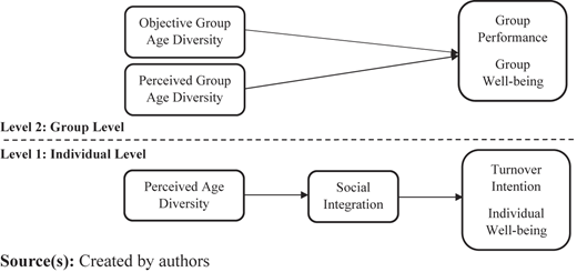 A flowchart illustrates the Group Level and Individual Level links from Age Diversity to Performance and Well-being.