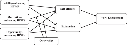 A theoretical model illustrating the relationships between different types of high-performance work systems and work engagement.
