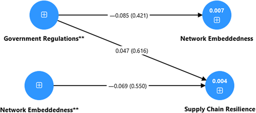 A diagram showing non-linear relationships among government regulations, network embeddedness, and supply chain resilience.
