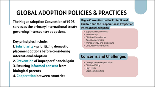 A document titled Global Adoption Policies and Practices summarises the Hague Adoption Convention, key principles, and challenges in intercountry adoptions.