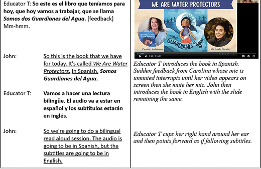 A slide showing bilingual educator dialogue about a book titled We Are Water Protectors and its Spanish title with notes on interaction and actions.