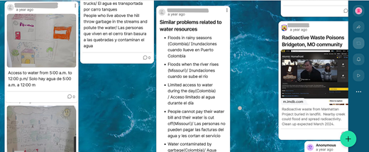 A screen showing posts about water issues with drawings, bilingual text on access and pollution, a list of problems, and a note on radioactive waste in Missouri.