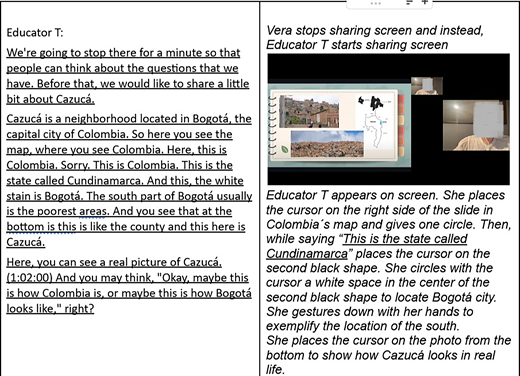 A slide showing educator dialogue about Cazucá in Bogotá with a map, images, and described cursor actions highlighting locations.