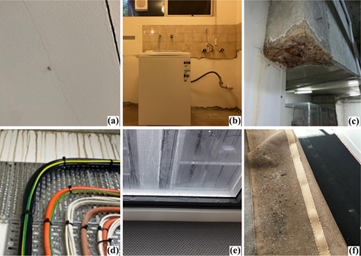Six labelled photos showing building defects including wall cracking, damp damage, corrosion, cable routing, window condensation and surface mould growth.