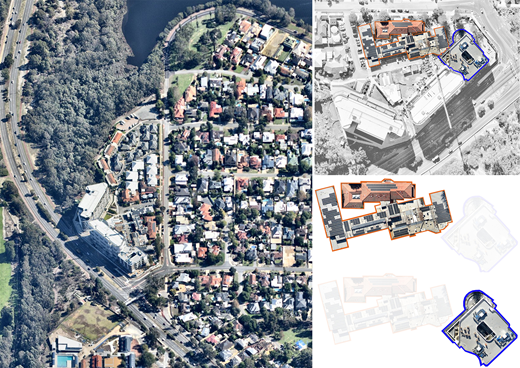 An aerial view shows a neighbourhood, roads, vegetation, and building roof areas outlined for comparison.