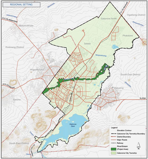 A regional map of Gaborone City Township shows boundaries, roads, railway, rivers, project areas, and surrounding districts.