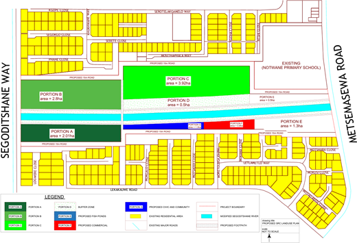 A proposed land use plan shows segmented portions, proposed roads, residential areas, and river corridor within a defined project boundary.
