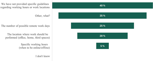 A horizontal bar chart shows the prevalance of guidelines for remote work across organisations, including hours, locations, and remote workday limits.