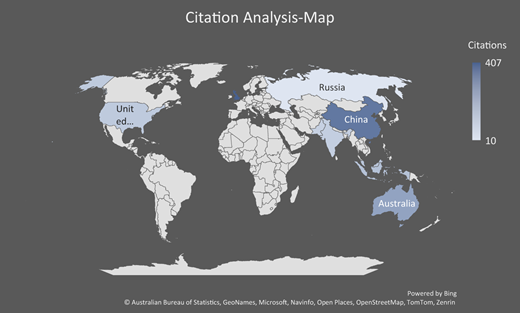 A world map showing citation counts by country.