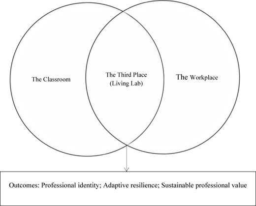 A Venn diagram with three overlapping circles labeled The Classroom, The Workplace, and The Third Place (Living Lab).