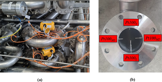 Composite image showing (a) the external view of the sterilizer’s finned module with multiple sensors and electrical connections mounted on metallic piping, and (b) a front view of a flanged pipe section with four labeled Pt100 temperature sensors (S, M1, M2, L) placed symmetrically around the internal perimeter.