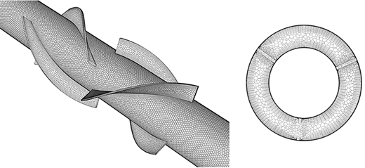 Mesh visualization of the computational domain: the left image shows a 3D helical structure with fine hexagonal mesh elements along the surface of twisted fins inside a cylindrical geometry; the right image provides a cross-sectional view of the same domain, highlighting the mesh distribution in the annular region.