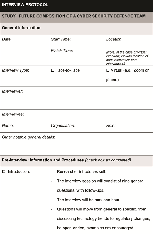 A form records general details of an interview for a cyber security defence team study, including date, time, location, interview type, and procedures.