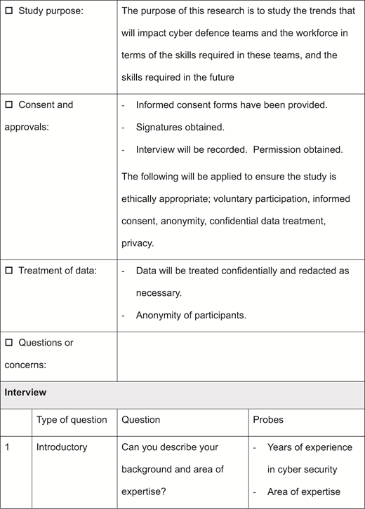 The study purpose, consent procedures, data treatment, and the first introductory interview question are displayed in a structured form.