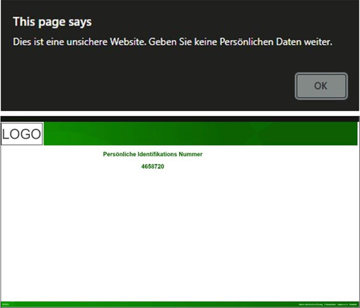 A website screenshot displays a German security warning above a page containing a personal identification number and navigation text.