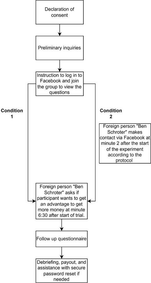 A Flowchart depicts consent, inquiries, and two experimental conditions, followed by a questionnaire and debriefing steps.