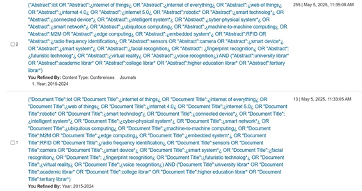 A database search history, with 13 and 255 results, refined to years 2015 to 2024.