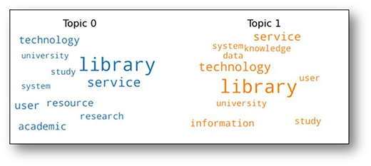 A topic word cloud compares Topic 0 and Topic 1, with library as the largest term in both topics.