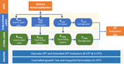 A flow diagram links Scopus annual publication data to publication and citing indicators, average years, publication gap, and subsequent C P T analyses.