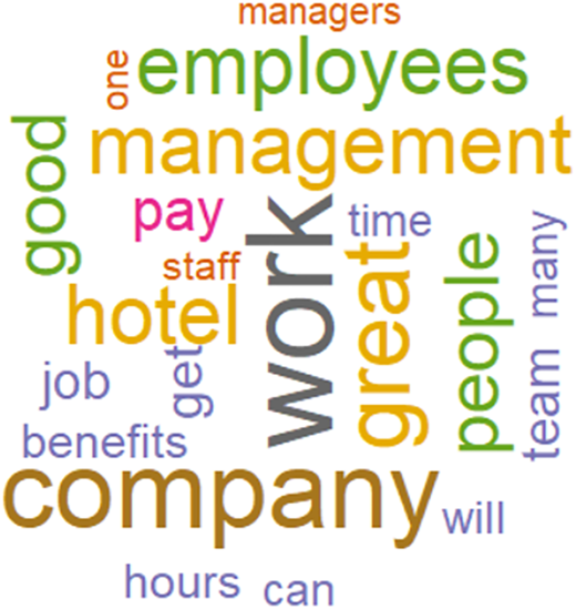 A word cloud about workplace reviews highlighting “work”, “company”, “management”, and “employees”.