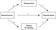 Conceptual framework. Note(s): The figure illustrates the proposed direct and indirect paths between financial literacy and financial anxiety, with indirect effects mediated by planning ahead and reduced overspending