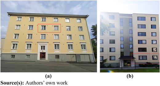 Two photographs of two apartment buildings in Tampere, Finland, labeled (a) and (b), illustrate two case study locations.