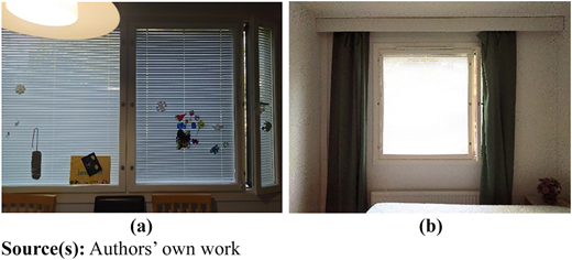 Two photographs of solar shading options for two case studies: kitchen and bedroom, showing different window treatments.