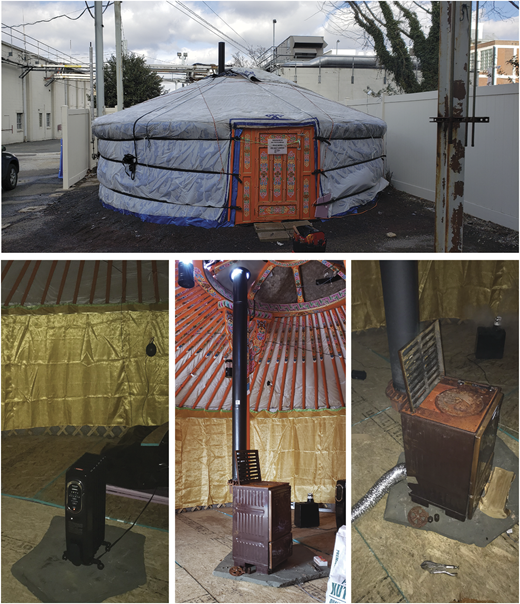 A photograph collage shows the exterior and interior of a round tent structure with heating equipment installed inside.