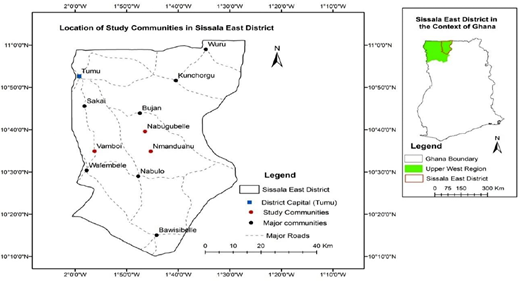 Map showing Sissala East District in national and regional context Refer to the image caption for details.